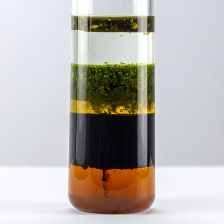 In a clean laboratory setting, a glass beaker showcases a stunning density column. Multiple colorful, immiscible fluids rest in distinct layers, visually demonstrating fundamental principles of physics and chemistry in a simple, elegant experiment.の素材