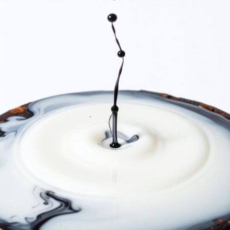 A single drop of black ink makes a dramatic impact, colliding with a pristine white liquid surface. The moment is frozen in time, capturing the elegant upward splash and the swirling patterns of two opposing forces beginning to merge, symbolizing concepts of reaction, fusion, and creative transformation.の素材