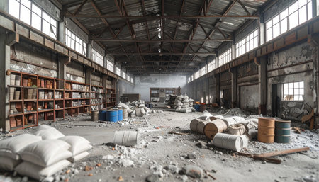 Sunlight filters through grimy windows, illuminating dust motes dancing over the rubble-strewn floor of a vast, forgotten warehouse. Shelves stand empty and barrels lie toppled, silent witnesses to a long-gone era of industry. This scene evokes a powerful sense of desolation, post-apocalyptic survival, and the quiet beauty of urban decay, perfect for storytelling.の素材