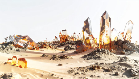 In a desolate, sun-bleached landscape on a distant world, giant crystalline formations pulse with an inner, fiery light. These mysterious gemstones are a source of immense power, a treasure waiting to be discovered in a realm of science fiction and fantasy.の素材