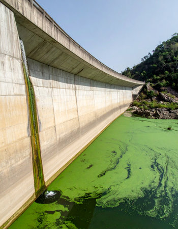 A massive curved concrete dam holds back a reservoir, but the waters vibrant green color tells a story of ecological imbalance. This algal bloom highlights critical environmental issues like water pollution and the challenges of managing natural resources.の素材