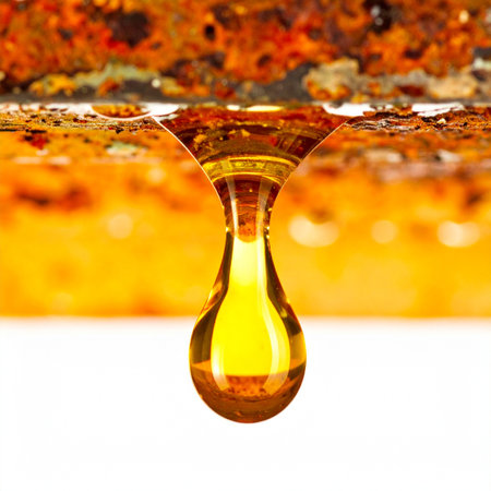 A perfect, glistening drop of golden oil hangs suspended, about to fall from a heavily rusted and corroded metal surface. This macro photograph captures the stark contrast between the pure, viscous liquid and the decaying texture of the old machinery, symbolizing concepts of maintenance, decay, and the essential nature of lubrication in industry.の素材