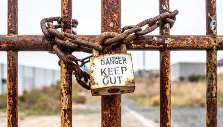 A heavily rusted padlock and chain secure an old metal gate, barring entry. The weathered DANGER KEEP OUT warning on the lock hints at a forgotten or restricted area beyond, creating a sense of mystery and prohibition. This image is perfect for concepts of security, abandonment, and restricted access.の素材