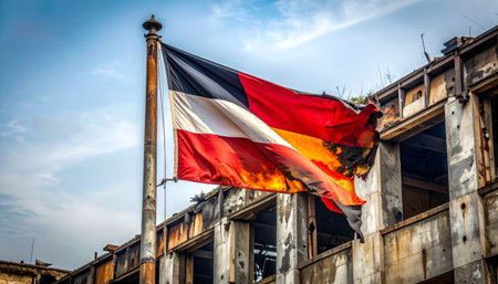 A historic German flag waves defiantly before the skeletal remains of a burnt and derelict building. This poignant scene evokes powerful feelings of loss, resilience, and the enduring weight of history amidst the aftermath of conflict or disaster.の素材
