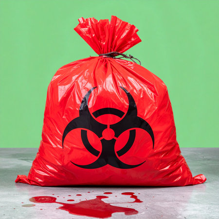 A full red biohazard bag, marked with the universal warning symbol, sits on a concrete floor against a green background. A small spill of red liquid nearby suggests a potential leak, emphasizing the danger and the need for proper disposal protocols in a clinical or laboratory setting.の素材