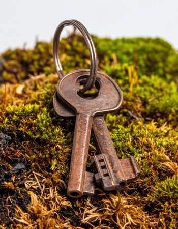 A pair of old, rusty keys lie forgotten on a soft bed of green and brown moss. They hint at a lost story, a secret waiting to be unlocked, or a treasure hidden long ago in the heart of nature. A symbol of mystery, discovery, and the passage of time.の素材