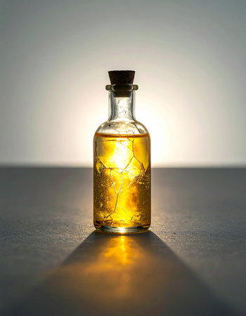 A single vial holds a mysterious, golden elixir that glows with an inner light. This magical potion, sealed with a simple cork, could be a rare alchemical discovery, a powerful remedy, or the object of a fantastic quest, promising untold power or healing to its possessor.の素材