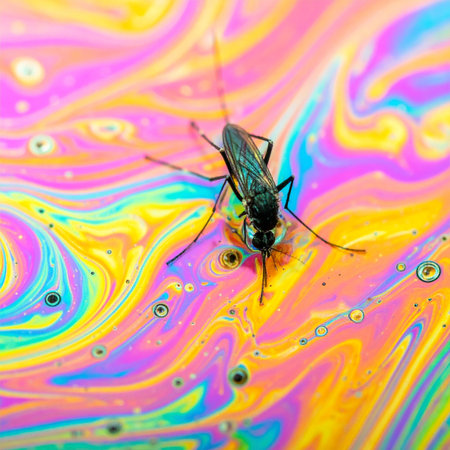 A macro photograph captures the surreal moment a mosquito is trapped on the vibrant, iridescent surface of a soap bubble or oil slick. The swirling psychedelic colors create a beautiful yet unsettling abstract background, highlighting themes of nature, contamination, and unexpected beauty in the microscopic world.の素材
