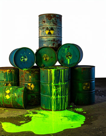 A stack of old, corroded barrels, marked with radioactive hazard symbols, leaks a glowing green substance onto the ground. This scene evokes a sense of imminent danger, environmental catastrophe, and the dire consequences of improper hazardous waste disposal, isolated against a stark white background.の素材