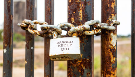 A heavy, rusted chain and padlock secure a weathered metal gate, with a stark DANGER KEEP OUT warning. This image evokes a sense of restriction, abandonment, and mystery, symbolizing a forbidden or long-forgotten place.の素材