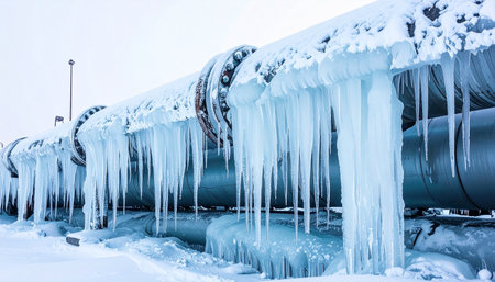 An industrial pipeline is encased in a thick layer of ice and long, sharp icicles, illustrating the brutal power of a harsh winter. This image highlights the vulnerability of critical energy infrastructure during extreme weather, symbolizing challenges in the supply chain and the impact of severe cold.の素材