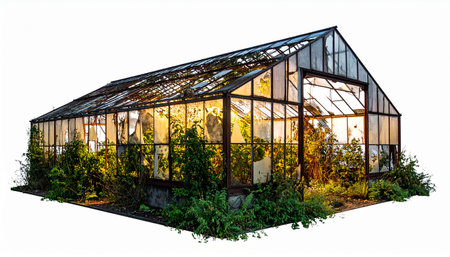 A modern glass greenhouse glows with a warm, inviting light against a stark white background. Inside, a vibrant ecosystem of lush plants thrives, creating a self-contained sanctuary of growth and tranquility. This image represents sustainability, horticulture, and the beauty of controlled nature.の素材