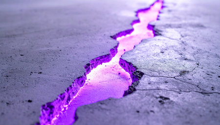 A deep fissure splits across a rough, textured surface, revealing a mysterious and powerful magenta energy glowing from within. This abstract concept visualizes a breakthrough, a hidden power source, or a portal to another dimension, evoking feelings of discovery and untapped potential.の素材