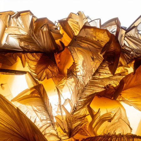A macro view reveals the intricate, geometric world within a golden crystal. Backlit to create a warm, amber glow, the sharp facets and internal fractures create a dynamic abstract texture, evoking concepts of natural energy, geological time, and raw, precious materials.の素材