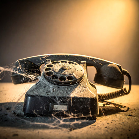 In a forgotten room, bathed in a single beam of warm light, an old rotary telephone sits in silence. Covered in layers of dust and intricate cobwebs, its a relic of a bygone era, holding stories of conversations long past and calls that will never be made again. A powerful symbol of nostalgia, obsolete technology, and the relentless passage of time.の素材