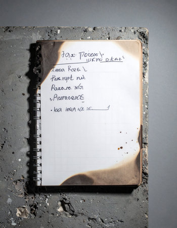 A singed page from a spiral notebook, its handwritten list of priorities now a cryptic message, is embedded in a rough concrete wall. The burnt edges and stained paper suggest a forgotten story or a hidden clue left behind, evoking a sense of mystery and suspense.の素材