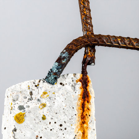 A close-up view reveals the slow, inevitable process of decay as rusted steel reinforcement emerges from a weathered concrete block. This powerful image illustrates the concepts of structural vulnerability, the effects of time and environment on industrial materials, and the hidden weaknesses within foundational structures.の素材