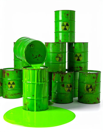 A stack of dented green barrels, marked with the universal symbol for radiation, reveals a critical failure. One container has tipped, unleashing a glowing, viscous green substance that pools on the floor, representing a severe environmental hazard or the dangerous byproduct of industrial negligence.の素材