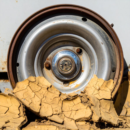 A close-up of a rusty, abandoned car wheel half-buried in deeply cracked, dry earth. This powerful image tells a story of desolation and the passage of time, where a forgotten journey ends in a barren, sun-scorched landscape, symbolizing decay, drought, and the end of an era.の素材