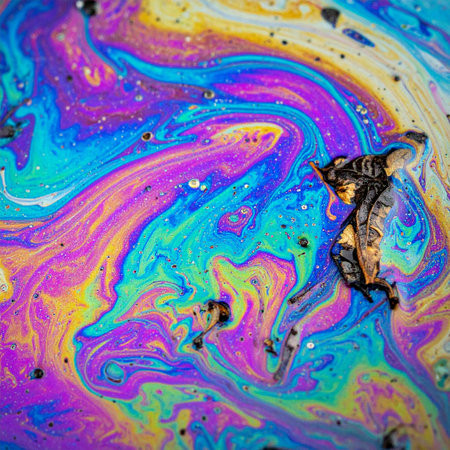 A mesmerizing macro view captures the chaotic beauty of an oil slick on water. Swirling rivers of psychedelic, iridescent colors create a vibrant and hypnotic abstract pattern, a fluid and dreamlike texture perfect for backgrounds and creative projects.の素材