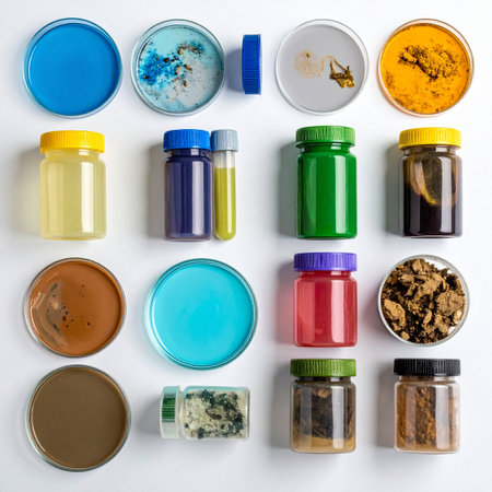 A meticulously organized collection of diverse biological and chemical samples awaits analysis. From vibrant cultures in petri dishes to various specimens in jars, this flat lay represents the systematic process of scientific research, investigation, and the quest for new discoveries.の素材