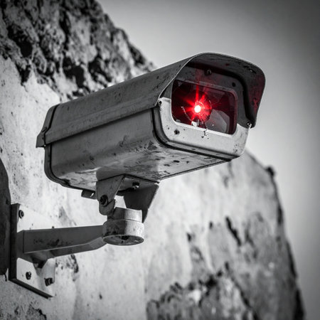 A black and white security camera with a glowing red light is mounted on a weathered wall, its lens fixed in a state of constant vigilance. This image evokes themes of surveillance, digital security, and the ever-present eye of technology in modern society.の素材