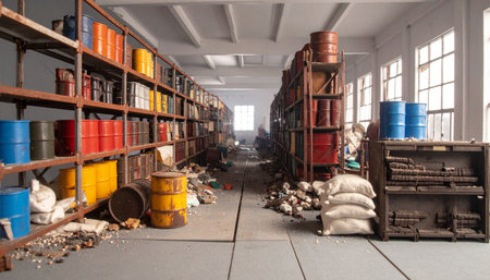 Sunlight streams through large windows, illuminating a long aisle in a cluttered warehouse. Shelves are packed with colorful barrels, containers, and sacks, suggesting a vast inventory of goods and materials waiting for distribution. This scene evokes a sense of industrial history, logistics, and the quiet potential stored within a busy supply chain.の素材
