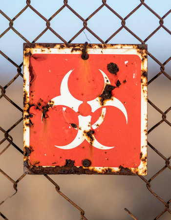 A weathered and rusting biohazard sign clings to a chain-link fence, a stark warning of unseen dangers within. The decay of the sign itself hints at a long-abandoned area, leaving one to wonder what hazardous secrets lie beyond the barrier.の素材