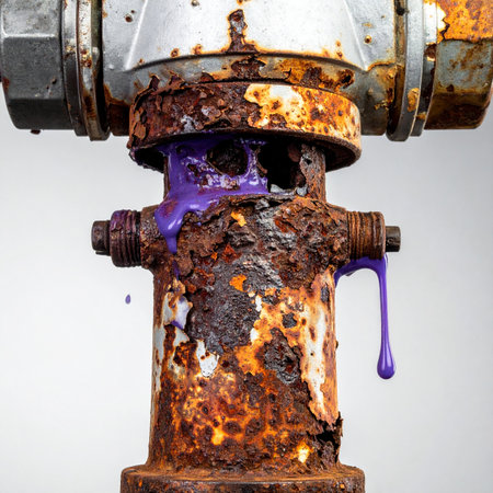 A close-up of a heavily corroded fire hydrant, its rusted surface a testament to time and neglect. A vibrant, mysterious purple liquid drips down its side, creating a stark and intriguing contrast between urban decay and an unexpected splash of color. The isolated white background emphasizes the texture and detail of the industrial object.の素材