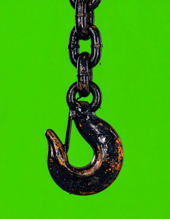 A weathered, heavy-duty industrial hook and chain hang ready for work. Isolated against a vibrant green screen, this powerful symbol of strength, connection, and lifting is perfect for concepts related to construction, logistics, and industrial power. Its worn texture tells a story of reliability and hard work.の素材