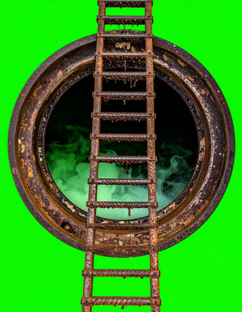A rusty metal ladder offers a perilous descent into a dark, circular abyss filled with an eerie green mist. Isolated on a chroma key background, this image evokes themes of exploration, danger, and the journey into the unknown.の素材