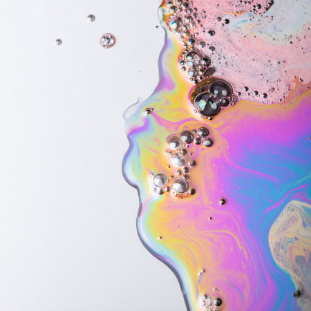 A mesmerizing spill of iridescent liquid creates a dreamlike landscape on a clean white surface. The fluids surface shimmers with a holographic rainbow of colors, capturing the delicate physics of light and reflection in a beautiful, abstract display.の素材