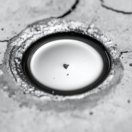 A macro, black and white view captures a perfect, reflective droplet of molten metal nestled within a rough, cracked crater. The image evokes a sense of industrial precision, scientific discovery, or even an otherworldly landscape, highlighting the stark contrast between the smooth liquid and its textured surroundings.の素材