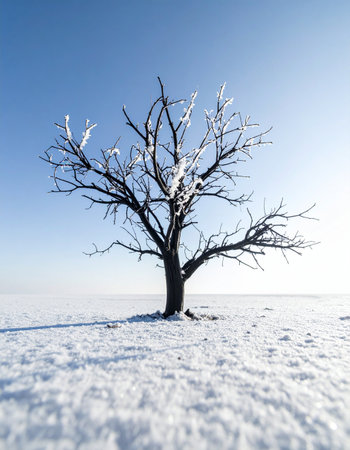 A solitary tree stands resilient against the cold, its icy branches reaching towards a vast, clear blue sky. Set in a minimalist, snow-covered landscape, this scene evokes feelings of peace, solitude, and the quiet strength of nature in winter.の素材