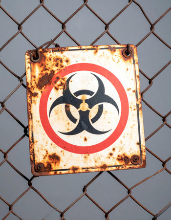 A weathered and rusty biohazard sign clings to a chain-link fence, a stark warning of unseen dangers within. The decaying metal and faded colors tell a story of a long-abandoned area, now a forbidden zone where caution is paramount, evoking a sense of post-apocalyptic dread.の素材