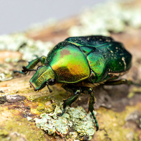 A stunning macro photograph captures the intricate details of a vibrant green rose chafer. Its iridescent shell shimmers with metallic hues as it rests on a rustic, lichen-covered tree branch, showcasing the hidden beauty of the insect world.の素材