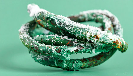 A vibrant green gummy candy, coiled like a playful snake, is generously coated in sparkling sour sugar crystals. This macro shot captures the tempting texture and sweet-and-sour appeal of a favorite childhood treat, set against a matching green background for a bold, monochromatic look.の素材