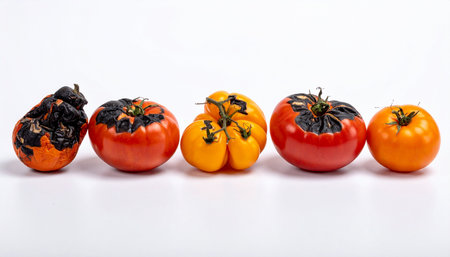 A lineup of imperfect tomatoes in various stages of organic decomposition. This image serves as a powerful visual metaphor for food waste, the natural life cycle, agricultural blight, and the concept of spoilage over time.の素材