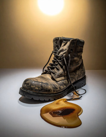 A rugged, mud-caked boot, a symbol of hard work and perseverance, is stopped in its tracks by a mysterious, sweet, and sticky obstacle. The dramatic lighting highlights the texture and grit, creating a powerful metaphor for lifes unexpected challenges.の素材