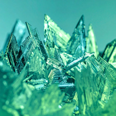 A macro view reveals an otherworldly landscape of sharp, emerald green crystal peaks. Each facet catches the light, creating a complex and beautiful geometric texture that speaks to natural growth and futuristic design.の素材