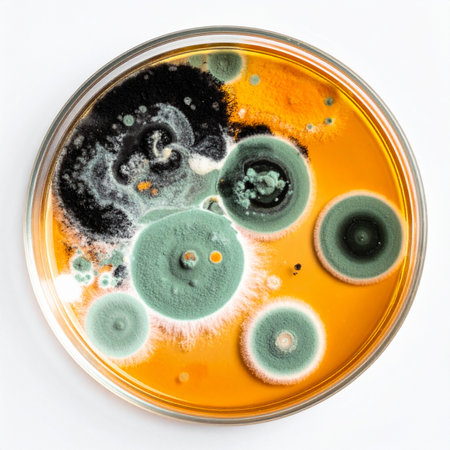 A top-down view captures a fascinating world of microbiology. In a laboratory petri dish, diverse colonies of mold and fungi flourish on an orange agar medium. This image represents scientific research, the study of microorganisms, and the potential for both contamination and groundbreaking discoveries like penicillin.の素材