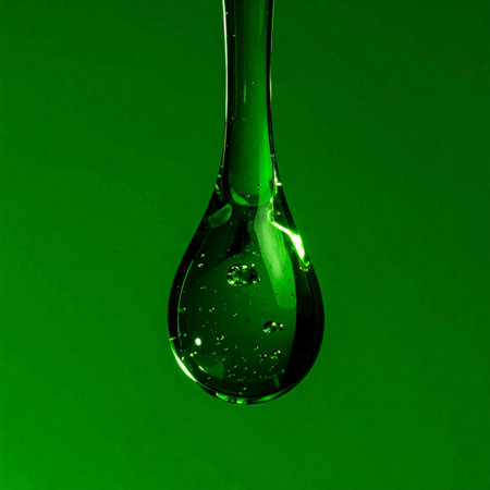 A single, perfect droplet of clear, viscous liquid hangs suspended against a vibrant green background. This macro photograph captures the essence of purity and concentration, ideal for concepts related to science, cosmetics, nature, and wellness. The small bubbles within hint at its rich composition.の素材