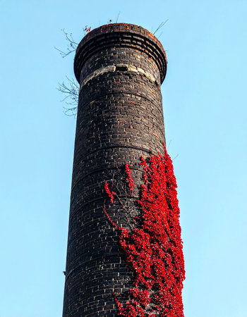 A low-angle view captures the enduring strength of an old industrial brick chimney against a clear blue sky. Vibrant red autumn ivy climbs its weathered surface, a beautiful symbol of natures persistent reclamation of forgotten structures and the passage of time.の素材
