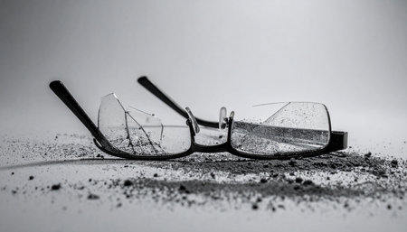A pair of broken eyeglasses lies discarded, the lenses shattered into a spiderweb of cracks. This black and white still life captures a moment of loss, symbolizing the end of clarity, a sudden accident, or the fragility of perception itself.の素材