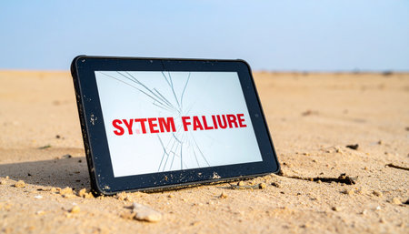 A forgotten tablet with a cracked screen displays a critical System Failure message, half-buried in the desolate sands of a desert. This powerful visual represents technological breakdown, data loss, and the fragility of modern devices in a harsh, unforgiving environment.の素材