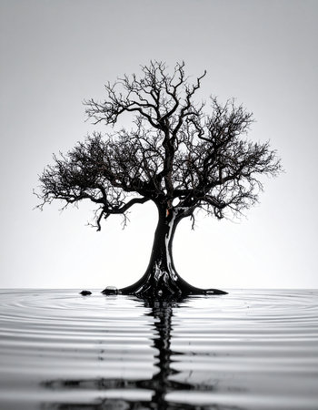 A solitary, leafless tree stands in still water, its perfect silhouette reflected on the rippling surface. This dramatic black and white image evokes a sense of quiet contemplation, resilience, and serene solitude, symbolizing strength and survival against the odds in a minimalist, atmospheric landscape.の素材