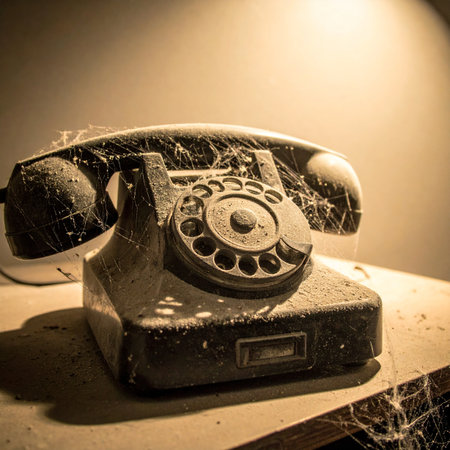 In a forgotten corner, an old rotary telephone sits shrouded in dust and cobwebs, a silent relic of a bygone era. Once a vital link to the outside world, it now waits in the dim light, holding untold stories and unanswered calls from the past. A powerful symbol of nostalgia, obsolescence, and the quiet passage of time.の素材