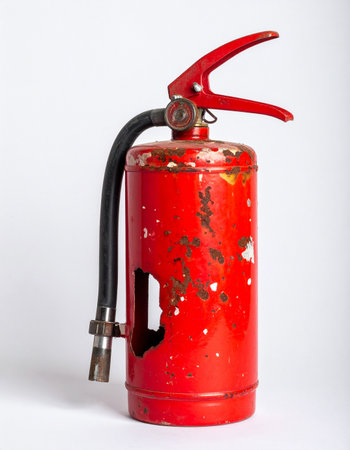 An old, rusty fire extinguisher stands isolated against a white background. Its weathered red paint, peeling and damaged, tells a story of past emergencies and years of neglect, symbolizing obsolescence and the passage of time.の素材