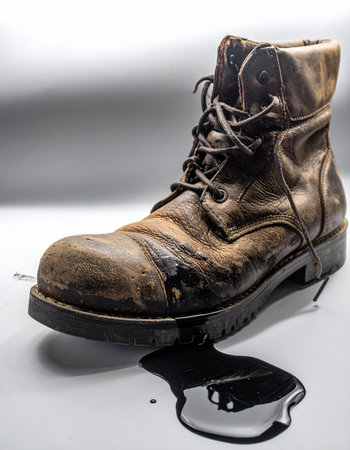 A single, weathered combat boot tells a story of hard labor and resilience. Resting on a stark white surface, a thick, black liquid seeps from beneath, symbolizing industrial pollution, environmental impact, or the gritty aftermath of a tough job.の素材