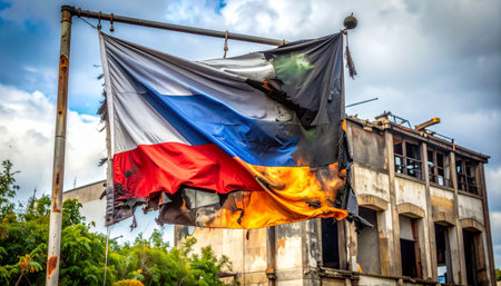 A tattered and burnt flag, a haunting symbol of the Russo-Ukrainian conflict, hangs against a backdrop of a destroyed building. The image captures the profound devastation and sorrow of war, representing the physical and symbolic scars left in the aftermath of battle.の素材